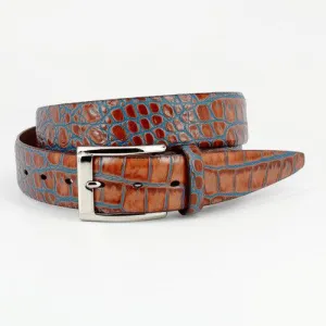 Torino Faux Two Tone Crocodile Embossed Calfskin Belt (Tan/Blue)