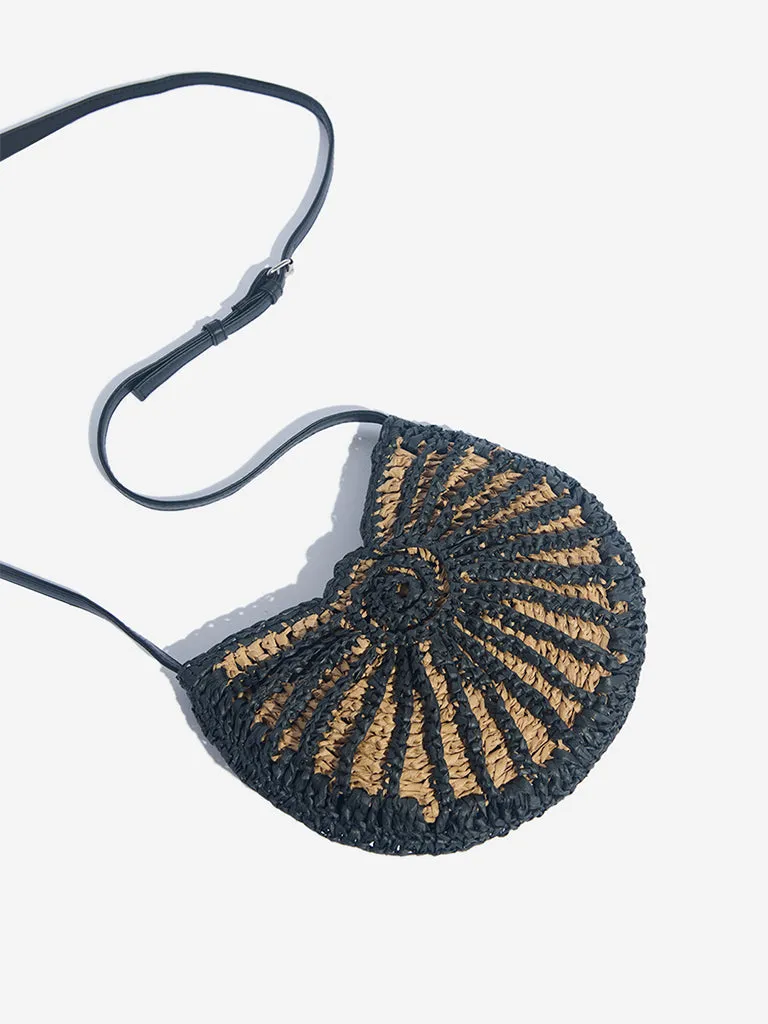 Westside Black Shell Design Raffia Sling Bag